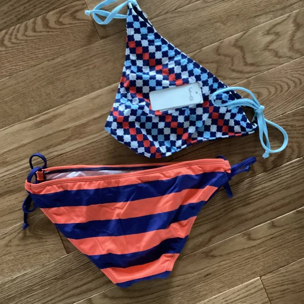 NWT Splendid 2 PR Side Tie Bikini Bottoms M MOSAIC NAUTICAL STRIPE PREPPY BEACH